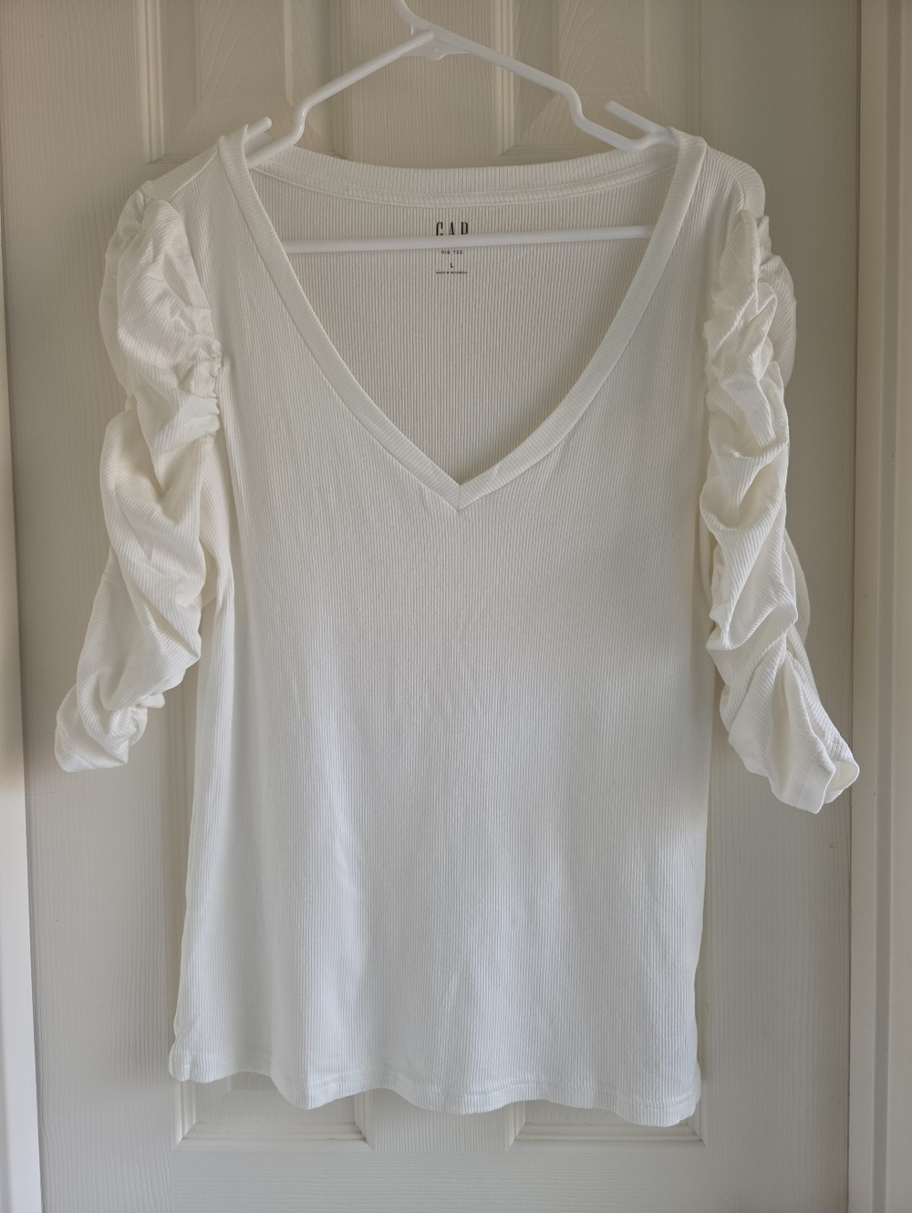Gap Featherweight Ruched Sleeve Ribbed Top Cream/Off-White Size Large